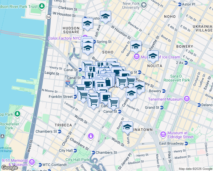 map of restaurants, bars, coffee shops, grocery stores, and more near 7 Mercer Street in New York
