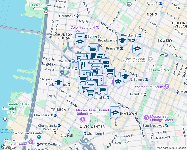 map of restaurants, bars, coffee shops, grocery stores, and more near 7 Mercer Street in New York