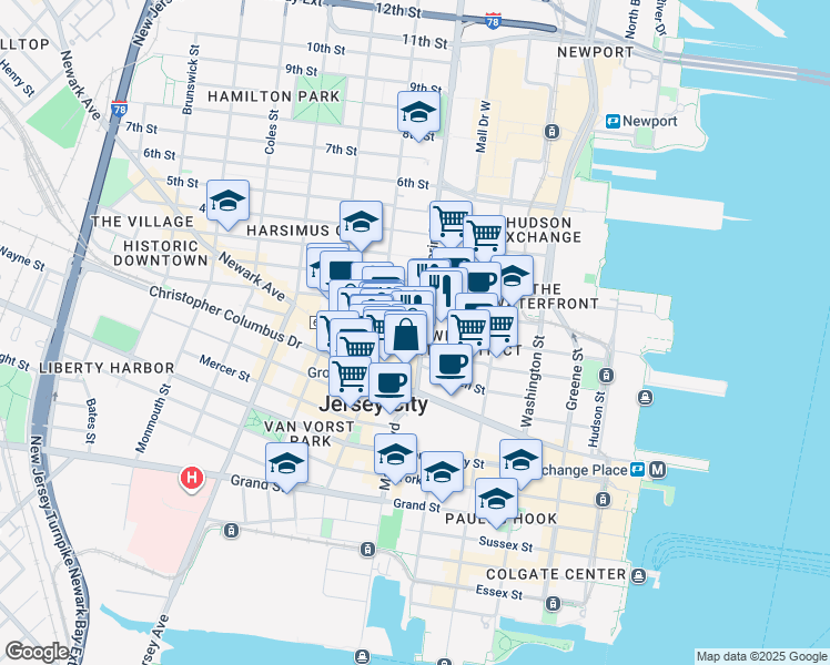 map of restaurants, bars, coffee shops, grocery stores, and more near 343 Marin Boulevard in Jersey City