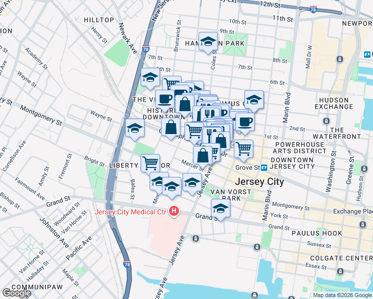 map of restaurants, bars, coffee shops, grocery stores, and more near 153-139 Wayne Street in Jersey City