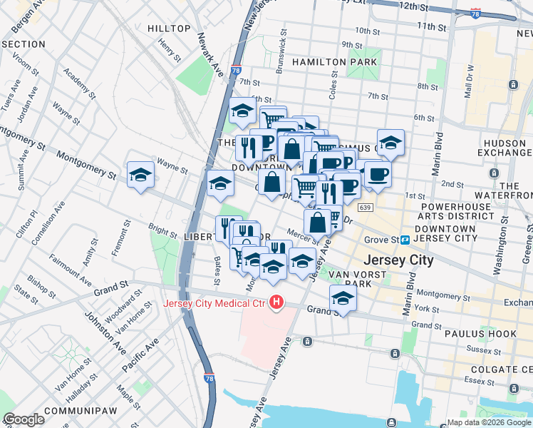 map of restaurants, bars, coffee shops, grocery stores, and more near 329a Monmouth Street in Jersey City