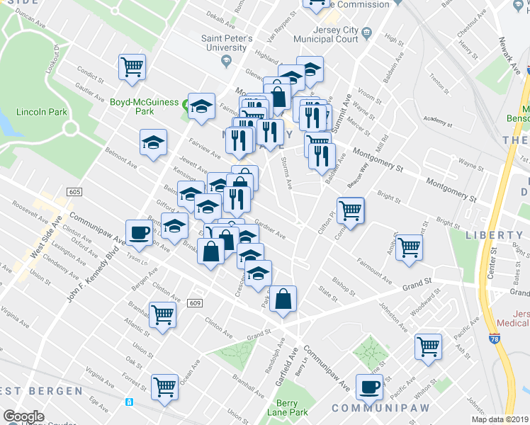 map of restaurants, bars, coffee shops, grocery stores, and more near 35 Jewett Avenue in Jersey City