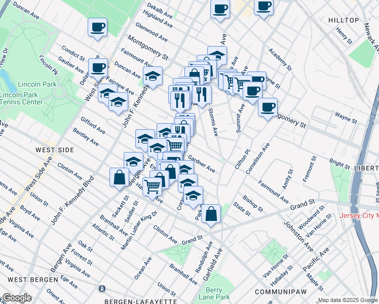 map of restaurants, bars, coffee shops, grocery stores, and more near 73 Gardner Avenue in Jersey City
