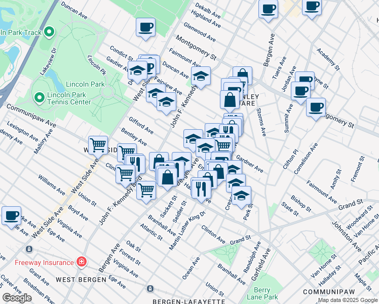 map of restaurants, bars, coffee shops, grocery stores, and more near 15 Gifford Avenue in Jersey City