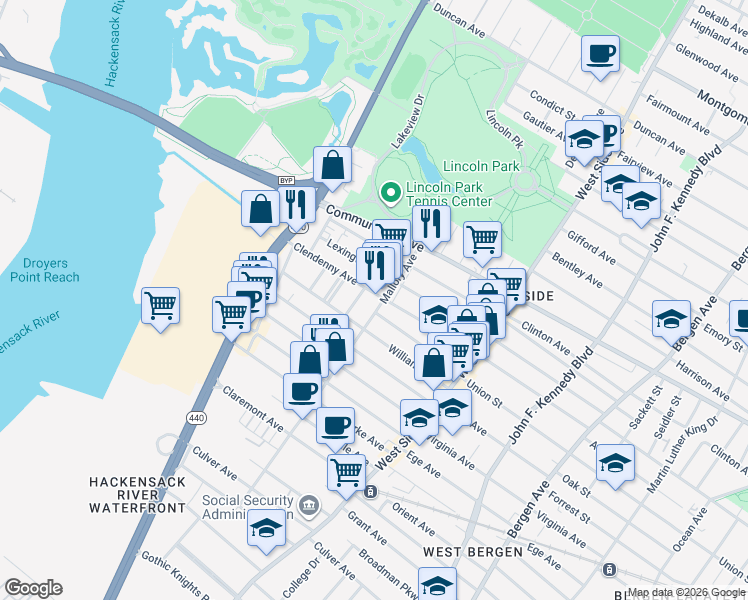 map of restaurants, bars, coffee shops, grocery stores, and more near 12 Miller Street in Jersey City