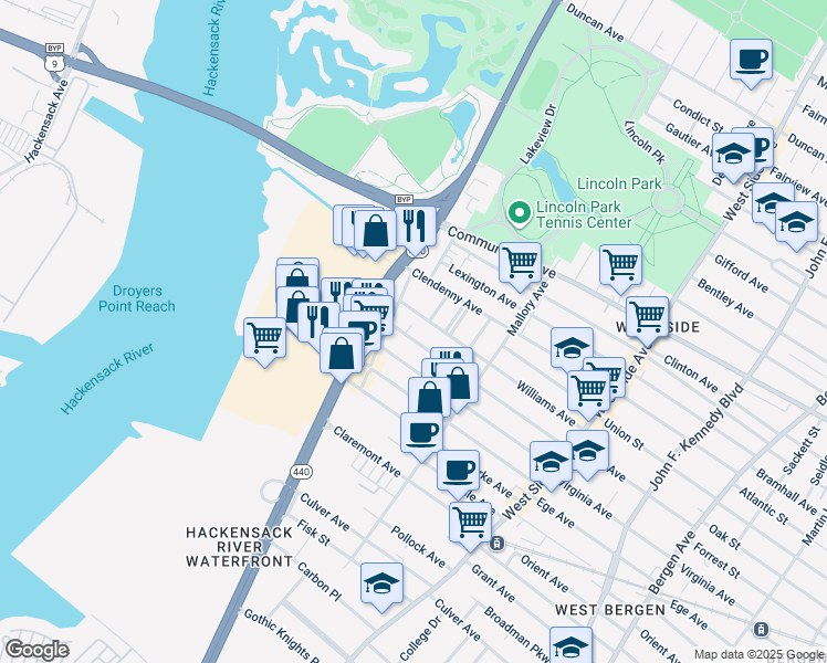 map of restaurants, bars, coffee shops, grocery stores, and more near 283 Boyd Avenue in Jersey City