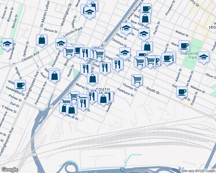 map of restaurants, bars, coffee shops, grocery stores, and more near 29 Goble Street in Newark