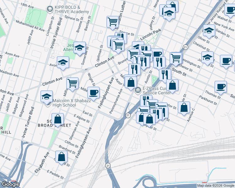 map of restaurants, bars, coffee shops, grocery stores, and more near 137 Pennsylvania Avenue in Newark