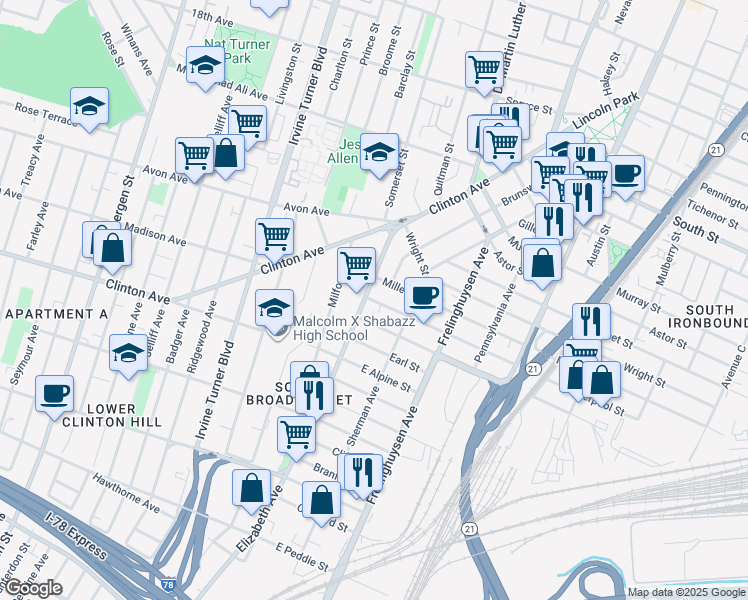 map of restaurants, bars, coffee shops, grocery stores, and more near 68 Elizabeth Avenue in Newark