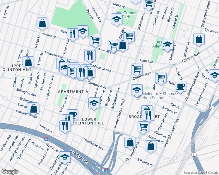 map of restaurants, bars, coffee shops, grocery stores, and more near 107 West Alpine Street in Newark