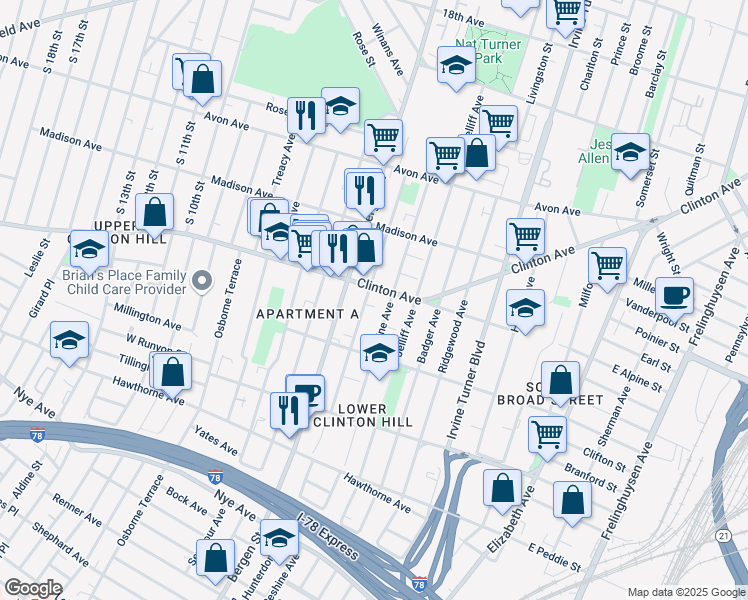 map of restaurants, bars, coffee shops, grocery stores, and more near 207 Peshine Avenue in Newark