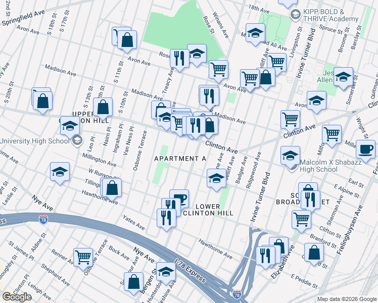 map of restaurants, bars, coffee shops, grocery stores, and more near 686 Bergen Street in Newark