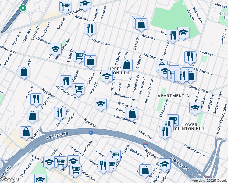 map of restaurants, bars, coffee shops, grocery stores, and more near 5 White Terrace in Newark