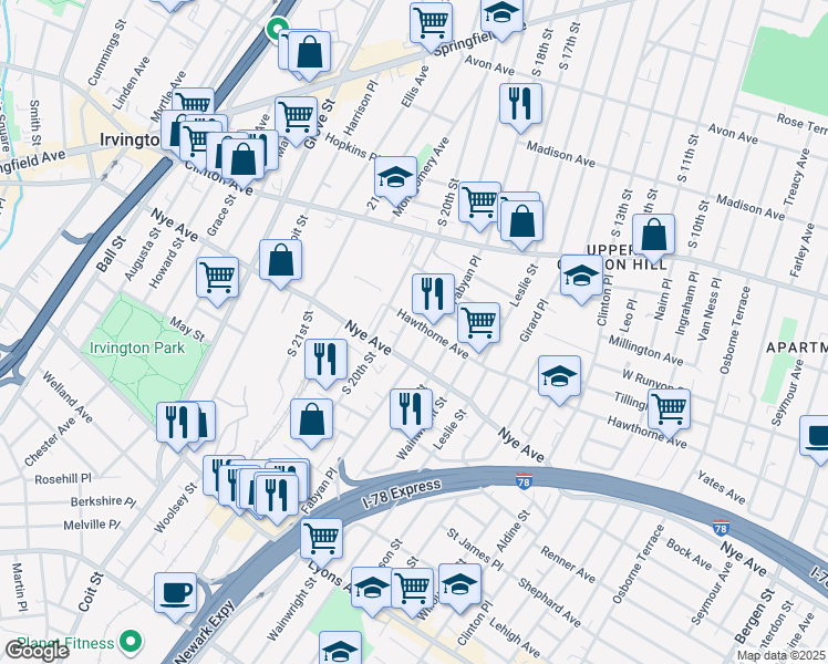 map of restaurants, bars, coffee shops, grocery stores, and more near in Newark