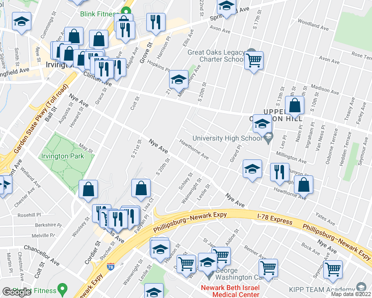 map of restaurants, bars, coffee shops, grocery stores, and more near in Newark