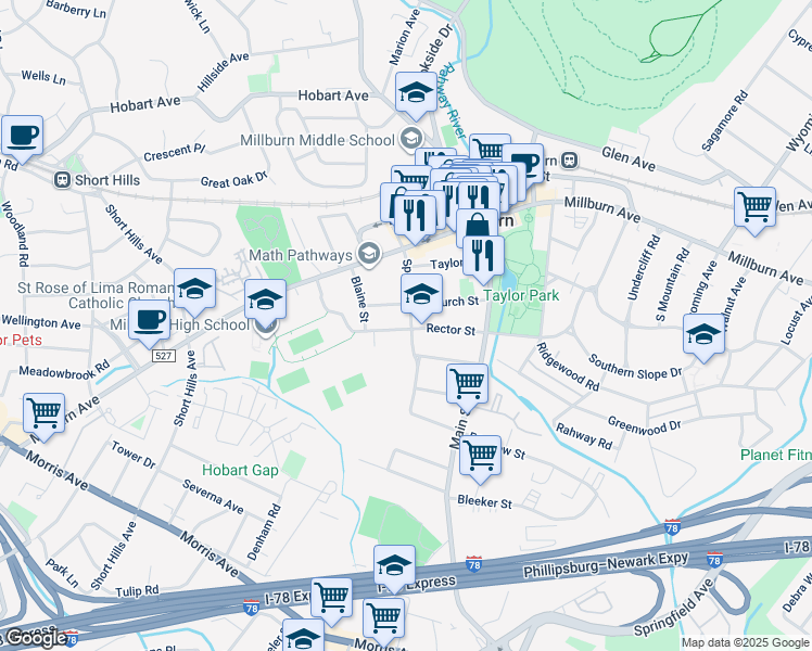 map of restaurants, bars, coffee shops, grocery stores, and more near 60 Rector Street in Essex County