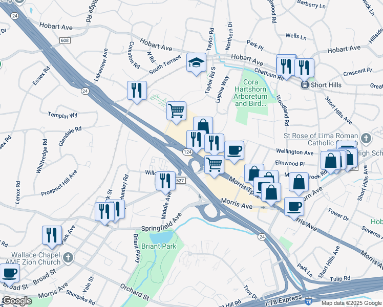 map of restaurants, bars, coffee shops, grocery stores, and more near 16 Morris Turnpike in Summit