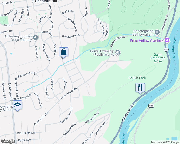 map of restaurants, bars, coffee shops, grocery stores, and more near 800 Frost Hollow Road in Easton