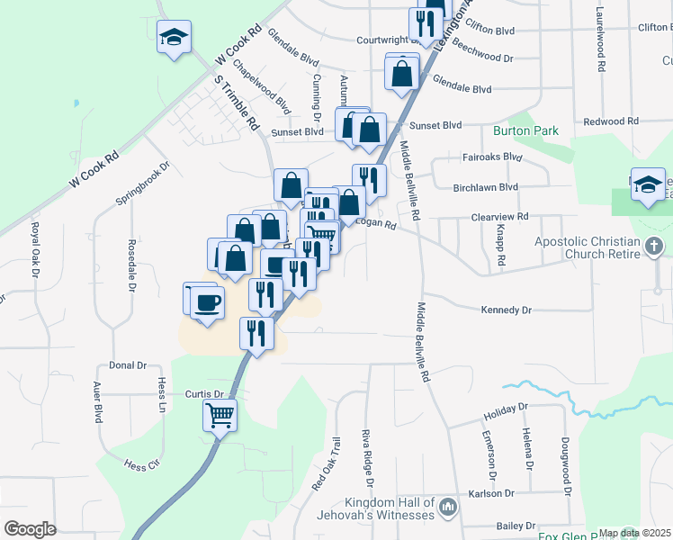 map of restaurants, bars, coffee shops, grocery stores, and more near 1401 Lexington Avenue in Mansfield