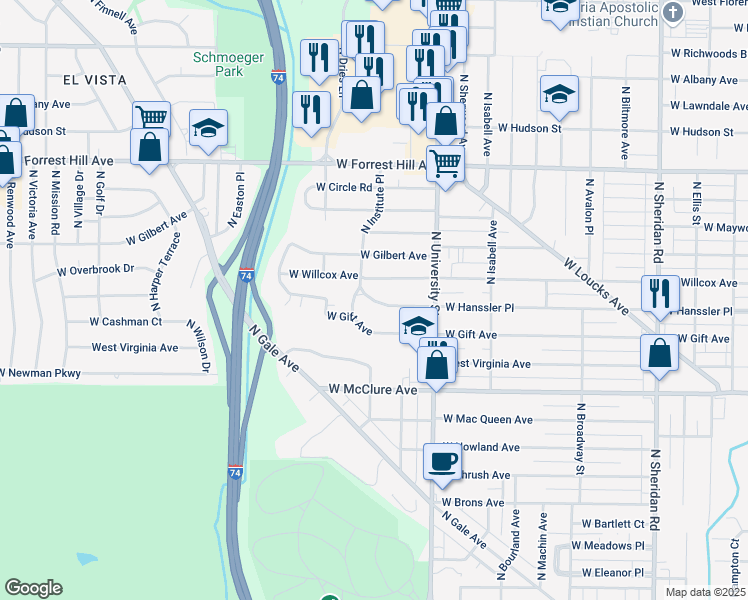 map of restaurants, bars, coffee shops, grocery stores, and more near 2212 N North St in Peoria
