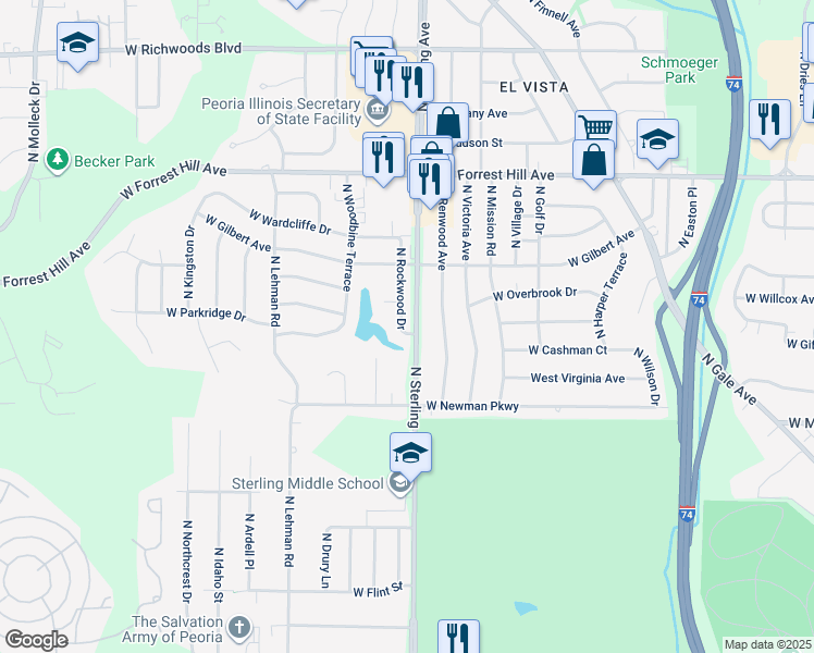 map of restaurants, bars, coffee shops, grocery stores, and more near 2601-2657 North Rockwood Drive in Peoria