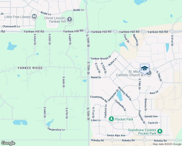 map of restaurants, bars, coffee shops, grocery stores, and more near 7020 Rebel Drive in Lincoln