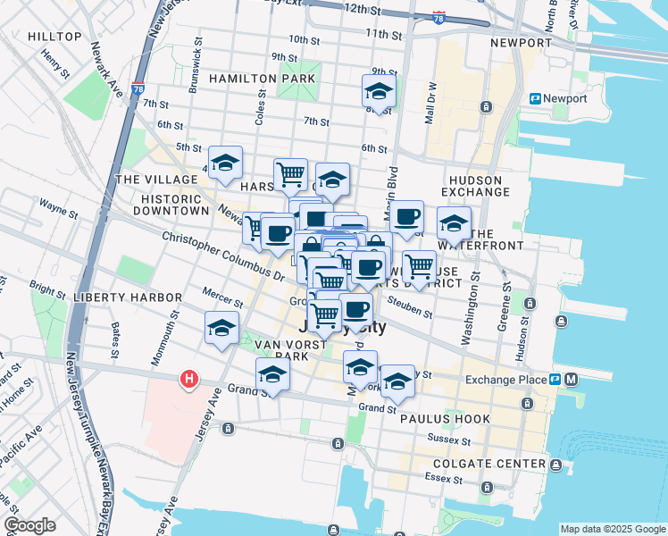 map of restaurants, bars, coffee shops, grocery stores, and more near 225 Bay Street in Jersey City