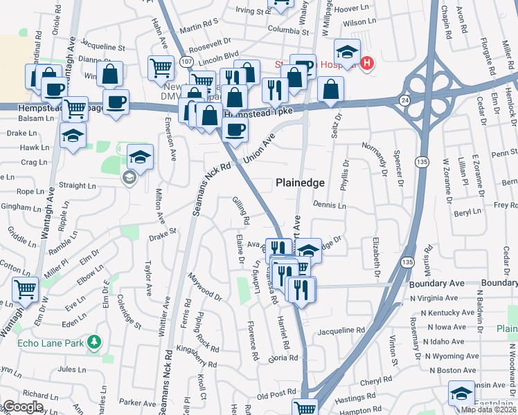 map of restaurants, bars, coffee shops, grocery stores, and more near in Levittown