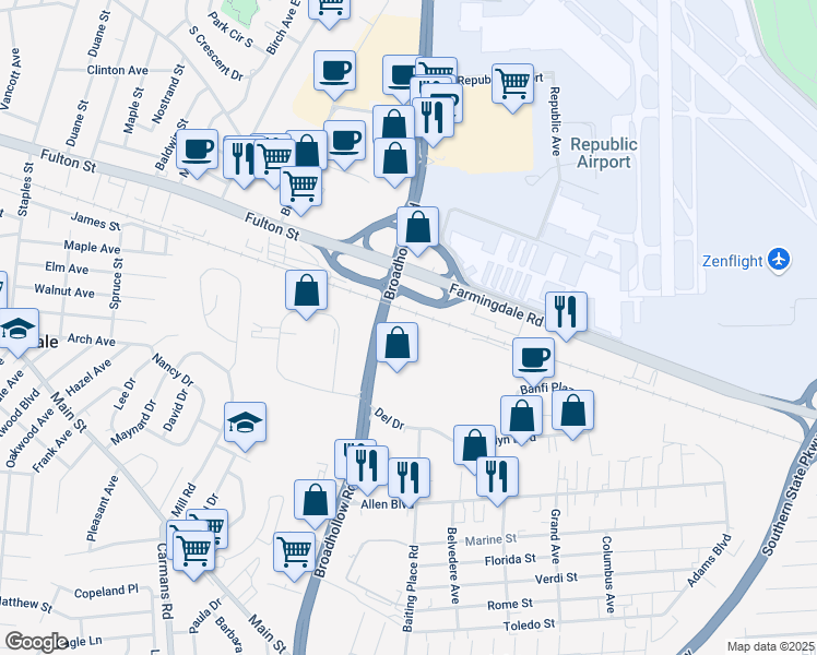 map of restaurants, bars, coffee shops, grocery stores, and more near 595 Broadhollow Road in Farmingdale