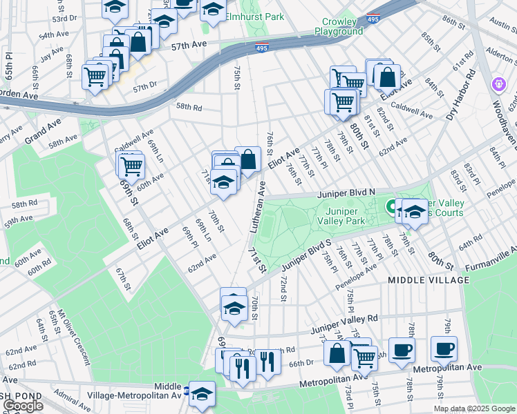 map of restaurants, bars, coffee shops, grocery stores, and more near Lutheran Avenue in Queens