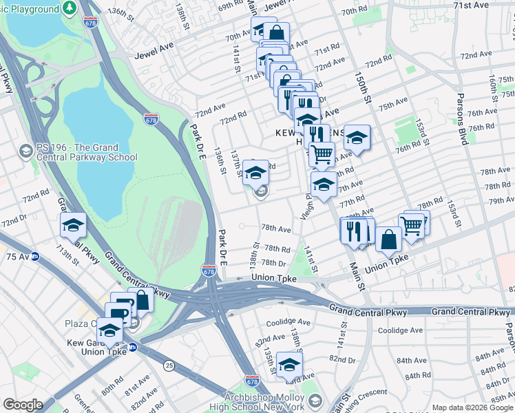 map of restaurants, bars, coffee shops, grocery stores, and more near 135-40 77th Avenue in Queens