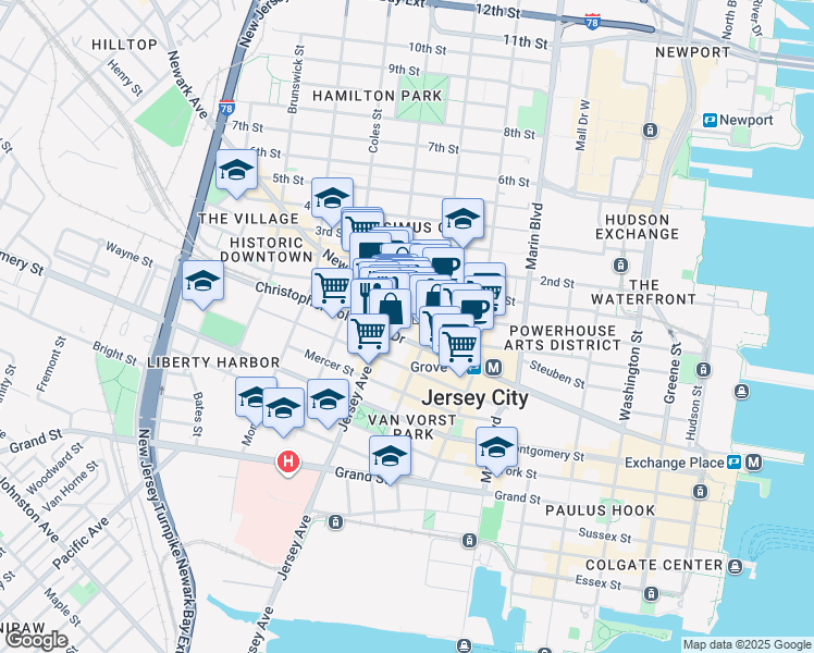 map of restaurants, bars, coffee shops, grocery stores, and more near 524 Jersey Avenue in Jersey City