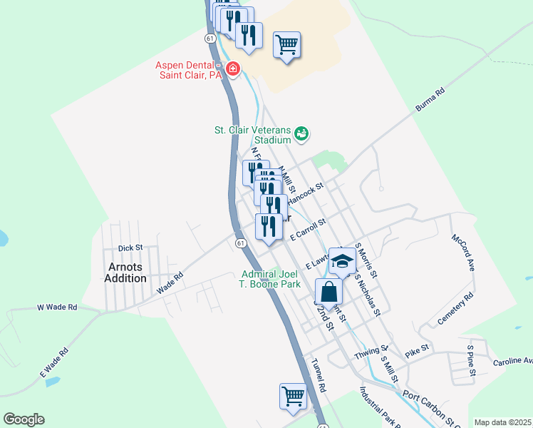 map of restaurants, bars, coffee shops, grocery stores, and more near 106 North 2nd Street in Saint Clair