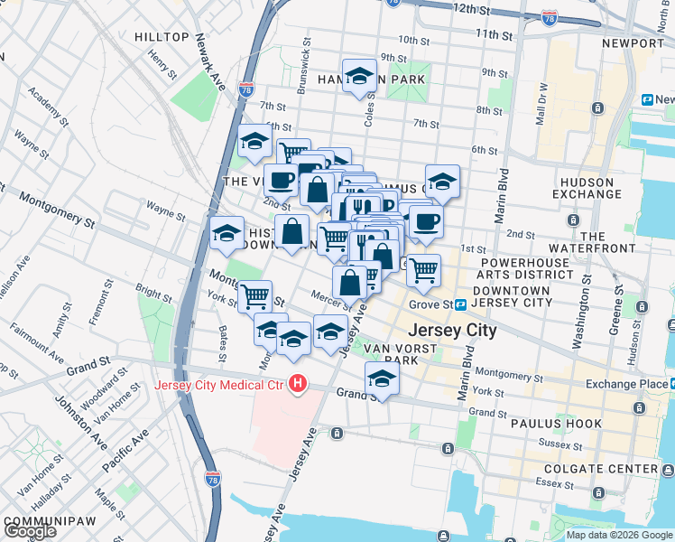 map of restaurants, bars, coffee shops, grocery stores, and more near 347 Varick Street in Jersey City