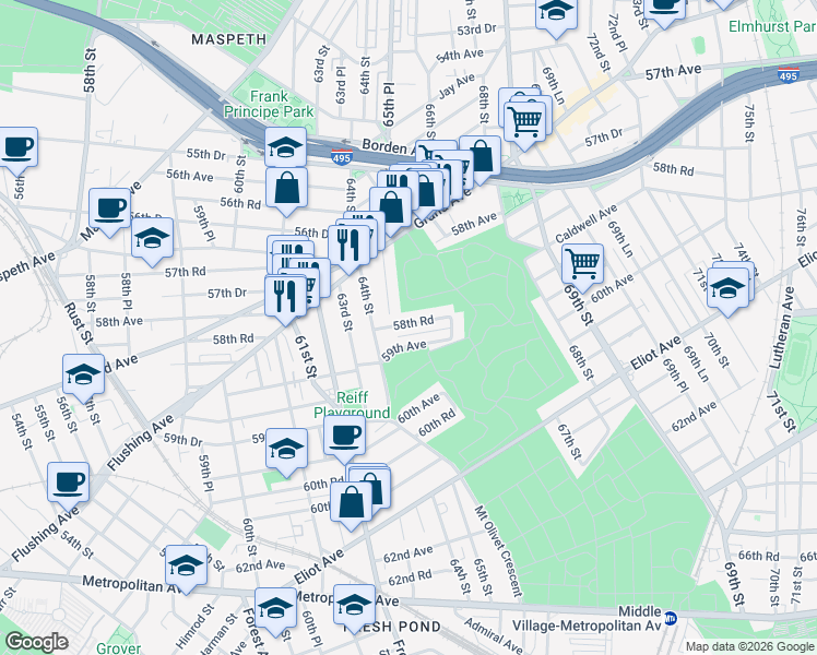 map of restaurants, bars, coffee shops, grocery stores, and more near 64-63 59th Avenue in Queens
