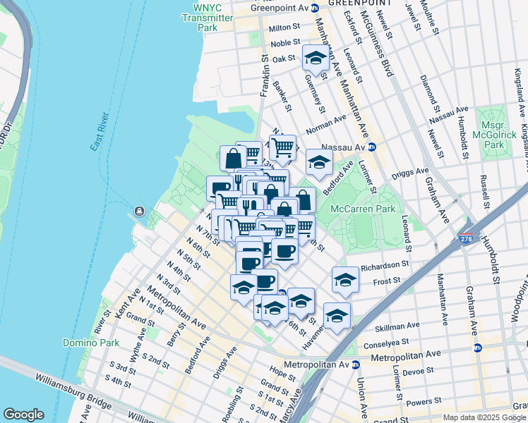 map of restaurants, bars, coffee shops, grocery stores, and more near 111 North 10th Street in Brooklyn