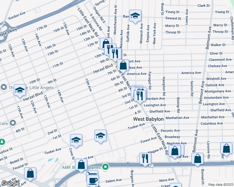 map of restaurants, bars, coffee shops, grocery stores, and more near 1569 4th Street in West Babylon