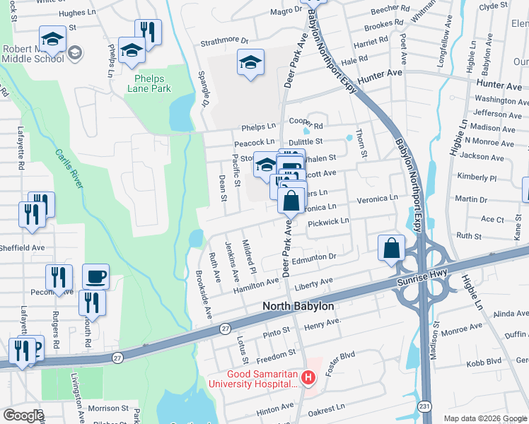 map of restaurants, bars, coffee shops, grocery stores, and more near 312 Ashley Court in Babylon