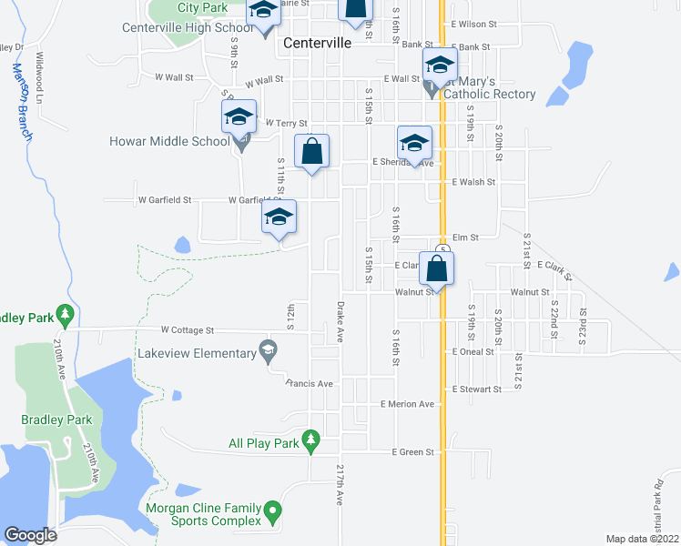 map of restaurants, bars, coffee shops, grocery stores, and more near 1505 Drake Avenue in Centerville