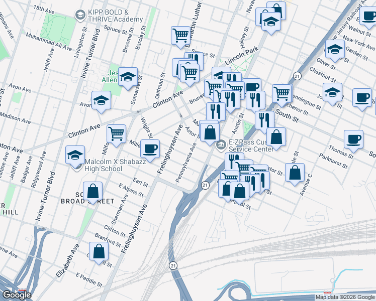 map of restaurants, bars, coffee shops, grocery stores, and more near 137 Pennsylvania Avenue in Newark