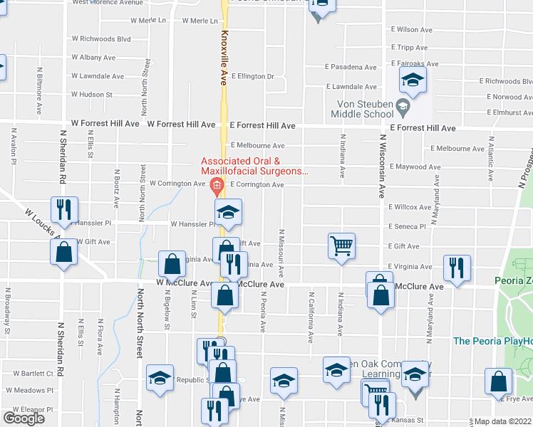map of restaurants, bars, coffee shops, grocery stores, and more near 2712 North Peoria Avenue in Peoria
