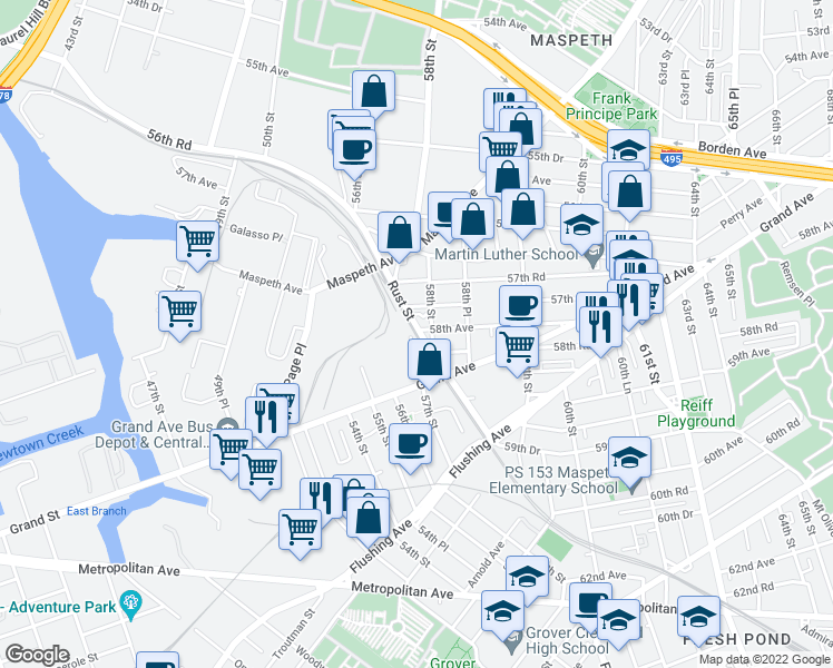 map of restaurants, bars, coffee shops, grocery stores, and more near 4841 Rust Street in Queens