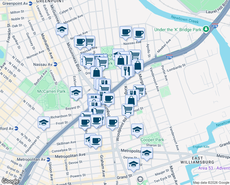map of restaurants, bars, coffee shops, grocery stores, and more near 71 Herbert Street in Brooklyn