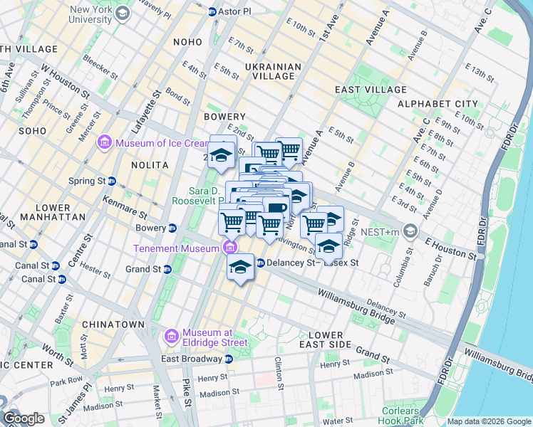 map of restaurants, bars, coffee shops, grocery stores, and more near 143 Essex Street in New York