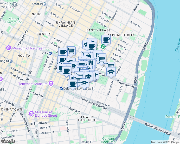 map of restaurants, bars, coffee shops, grocery stores, and more near 162 Attorney Street in New York