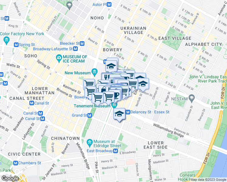 map of restaurants, bars, coffee shops, grocery stores, and more near 58 Rivington Street in New York