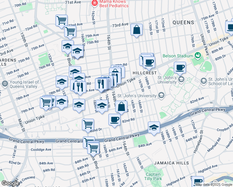 map of restaurants, bars, coffee shops, grocery stores, and more near 8030 164th Street in Queens