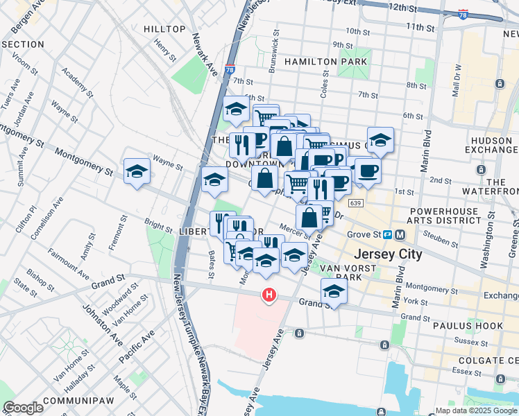 map of restaurants, bars, coffee shops, grocery stores, and more near 329a Monmouth Street in Jersey City