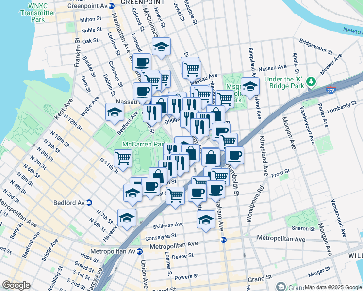 map of restaurants, bars, coffee shops, grocery stores, and more near Leonard Street in Brooklyn