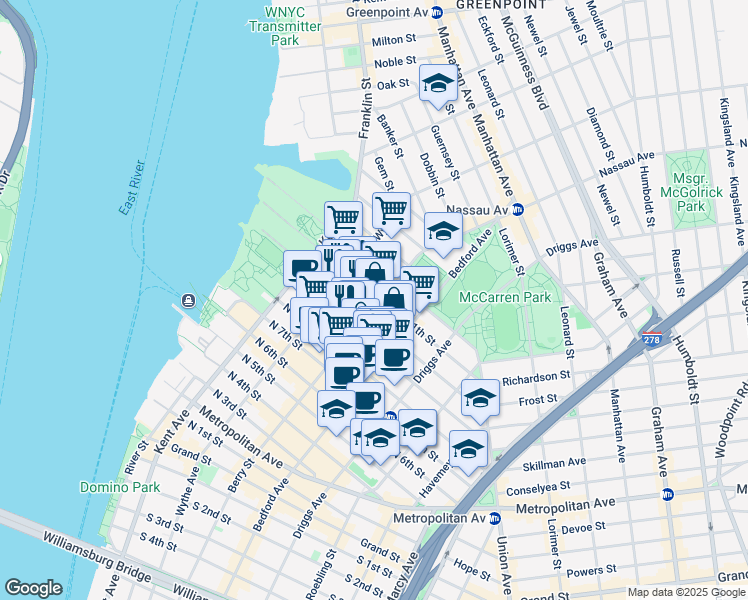 map of restaurants, bars, coffee shops, grocery stores, and more near 111 North 10th Street in Brooklyn
